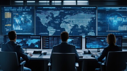 Aufkleber - Three People Working in a Surveillance Room with Multiple Monitors Displaying Data and a World Map