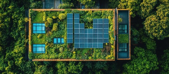 Wall Mural - Aerial view of a building with a green roof and solar panels.