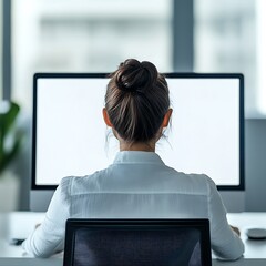 A woman working at a computer in a modern office setting.