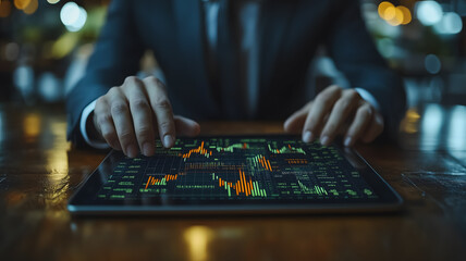 Poster - A man is using a tablet to look at a graph. The man is wearing a suit and tie