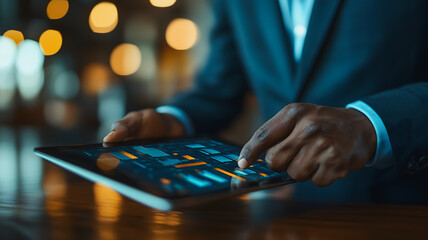 Poster - A man in a suit is using a tablet to type on a computer. Concept of professionalism and focus, as the man is likely working on a task or project. The tablet itself is a modern