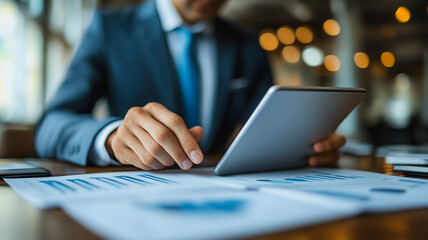 Poster - a man in a suit is using a tablet to look at a document. concept of professionalism and focus, as th
