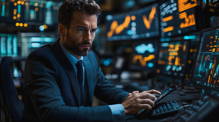 Wall Mural - A man in a suit is typing on a tablet in front of a computer monitor. Concept of focus and concentration as the man works on his computer