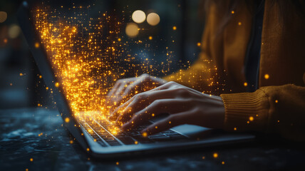 Poster - A woman is typing on a laptop with a bright yellow sweater on. The laptop screen is filled with glowing sparks, creating a sense of excitement and energy. Concept of productivity and creativity