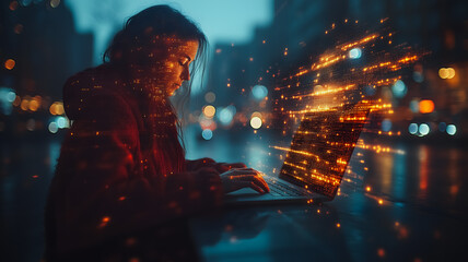 Poster - a woman is typing on a laptop in a city at night. the image is a digital rendering of the woman and 