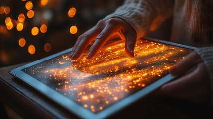 Poster - A person is using a tablet with a glowing screen. The glowing screen is surrounded by a blurry background, giving the impression of a glowing starry sky. The person's hand is hovering over the screen