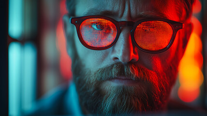 Poster - A man with a beard and glasses is staring at the camera. The glasses are red and the man's face is illuminated by a red light. The image has a futuristic and somewhat eerie feel to it