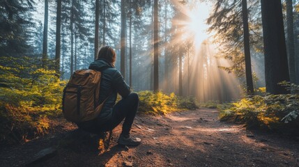 Poster - A person sits quietly on a forest path, surrounded by tall trees. Sunlight streams through the foliage, creating a tranquil atmosphere as morning mist adds to the peacefulness of the scene.