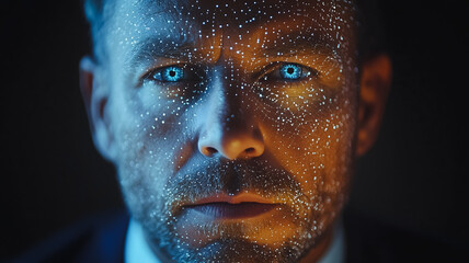Poster - A man with a beard and blue eyes is staring at the camera. The image has a futuristic and somewhat eerie feel to it