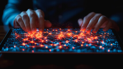 Poster - a person is typing on a tablet with a blue background and red dots. concept of technology and modern