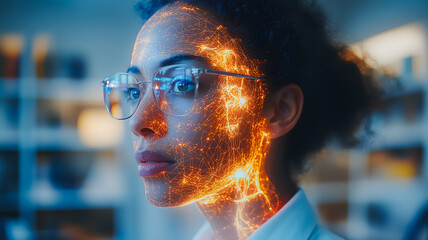 Poster - A woman with glasses is staring at a computer screen with a glowing face. Concept of technology and artificial intelligence, as the woman's face is projected onto the screen