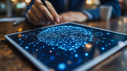 Poster - A person is writing on a tablet with a blue brain image. Concept of creativity and intelligence, as the person is using the tablet to express their thoughts and ideas