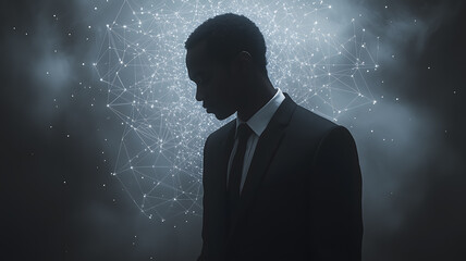 Poster - A man in a suit is standing in front of a dark background with a lot of dots. The man is looking down and he is deep in thought. Concept of introspection and contemplation