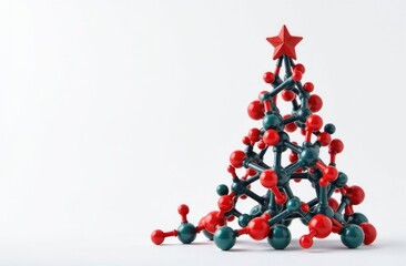 Modern abstract Christmas tree sculpture made of red and blue balls mimicking the joining of molecules, with a star on a white background