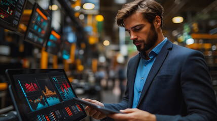 Poster - A man in a suit is looking at a computer screen with a tablet in his hand. He is focused on the data displayed on the screen
