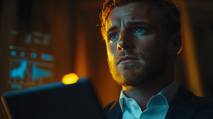 Poster - A man is looking at a tablet with a blue screen. He is wearing a suit and tie