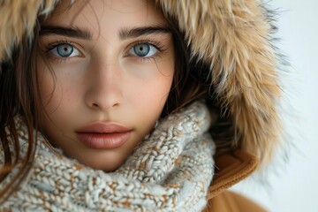 Woman with winter coat, white background, seasonal attire