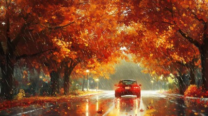 Poster - A red car navigates a wet road during a rain shower in autumn, surrounded by striking orange and yellow leaves from trees lining the street. The scene evokes a tranquil, picturesque atmosphere.