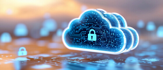 Poster - secure cloud icon with padlock symbolizes data protection and privacy in digital world. This conveys importance of safeguarding personal information in cloud storage
