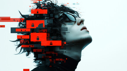 Aufkleber - image depicts person with curly hair and sunglasses, surrounded by digital elements and padlocks, symbolizing privacy and security in modern context