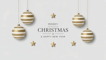 A minimalist and elegant Christmas-themed design. There are three hanging ornaments with a striped pattern in gold and white colors. 