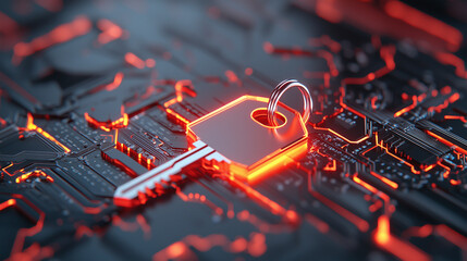 Poster - digital key symbolizing data security and ownership, set against circuit board background. glowing elements evoke sense of modern technology and protection