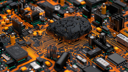 Aufkleber - abstract visual of human brain made of circuit board elements, showcasing intricate details and vibrant colors. This represents fusion of technology and human cognition, evoking sense of innovation