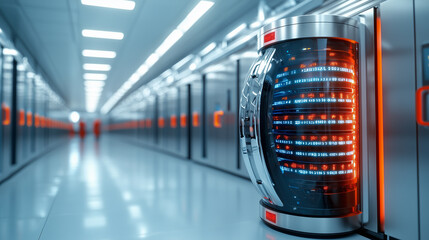 Poster - futuristic data storage unit illuminated by blue and red lights stands in sleek, modern data center. environment conveys sense of advanced technology and security