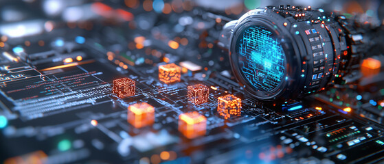 Aufkleber - futuristic digital landscape featuring camera lens with glowing world map, surrounded by intricate circuit patterns and glowing data cubes. This evokes sense of advanced technology and innovation