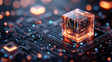 Leinwandbilder - glowing cube surrounded by intricate circuitry and vibrant lights creates futuristic atmosphere, showcasing advanced technology and digital innovation