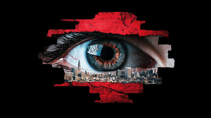 Aufkleber - eye peering through layers of privacy shields reveals vibrant cityscape, symbolizing tension between observation and concealment