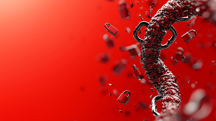 Poster - image features dynamic representation of DNA strand intertwined with chains and locks, symbolizing security and protection in genetic data. vibrant red background enhances visual impact, creating