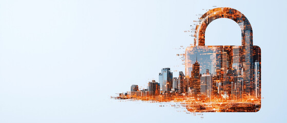 Poster - city skyline integrated with digital padlock symbolizes security and data protection. This conveys sense of safety in urban environments, highlighting importance of cybersecurity
