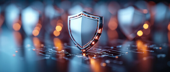 Poster - conceptual image of data breach protection featuring prominent shield symbolizing security amidst digital backdrop. This visual conveys sense of safety and vigilance in digital realm