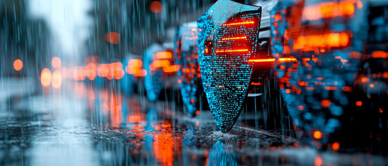 Aufkleber - conceptual image of data breach protection featuring digital shield amidst rain, symbolizing security and resilience in cyber environment. vibrant colors enhance emotional impact