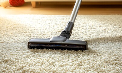 Modern Vacuum Cleaner in Action on Soft Carpet in Bright Home Interior Ideal for Cleaning, Home Maintenance, and Hygienic Living Concepts, generative ai