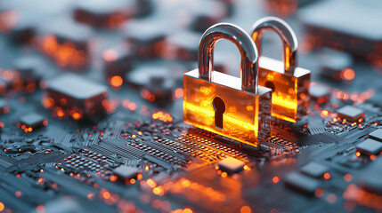 Poster - conceptual image of digital security featuring metallic locks on circuit board, symbolizing privacy and protection in technology. glowing elements enhance theme of safeguarding information