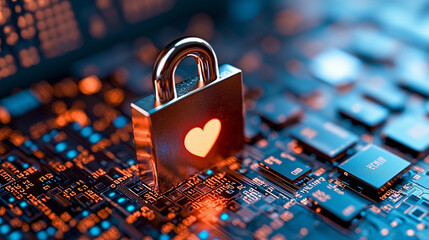 Poster - conceptual image of padlock with heart symbol on computer keyboard, representing theme of digital privacy and security. vibrant colors and intricate details evoke sense of protection and care in