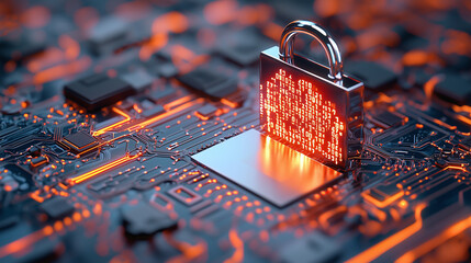 Poster - glowing padlock symbolizing data security is placed on circuit board, representing advanced technology and protection. vibrant colors evoke sense of innovation and safety