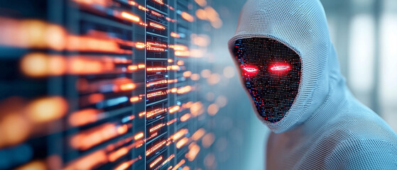 Aufkleber - digital mask over persons face symbolizes anonymity and technology. glowing red eyes and futuristic attire create mysterious and intriguing atmosphere