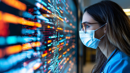 Aufkleber - healthcare professional wearing mask observes digital data on screen, symbolizing intersection of technology and medicine. focused expression highlights importance of data in modern healthcare