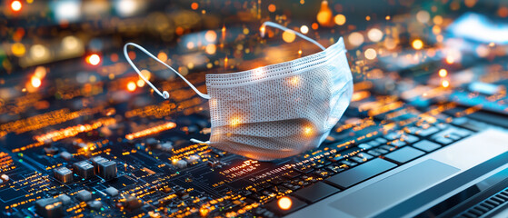 Aufkleber - digital mask placed on laptop keyboard symbolizes intersection of health and technology in modern society. This evokes sense of innovation and adaptation