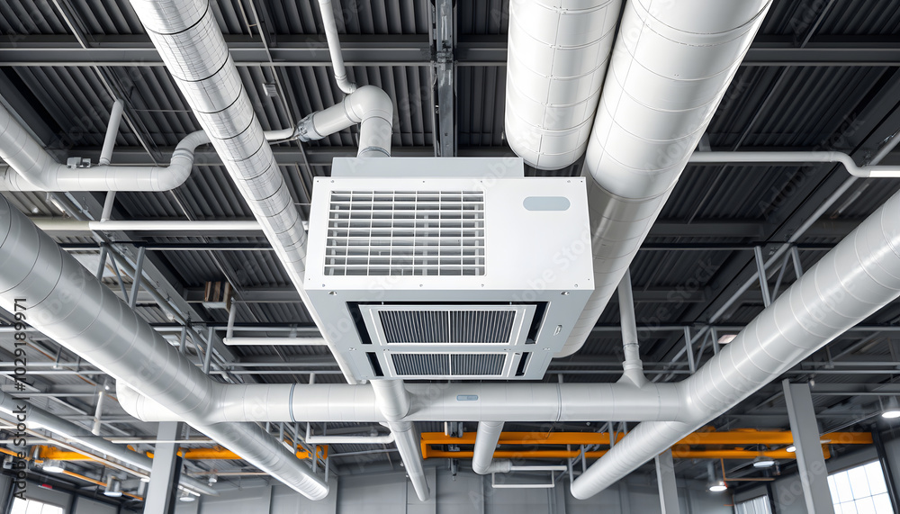 Image showcasing Industrial ventilation system. Pipes for room conditioning. Ventilation ...