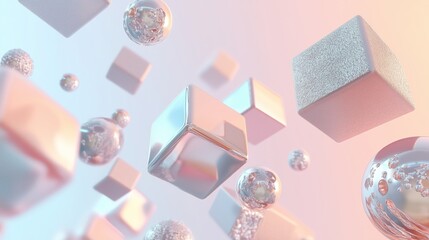 Poster - Floating metallic cubes and bubbles in a soft pastel gradient background during a digital art creation