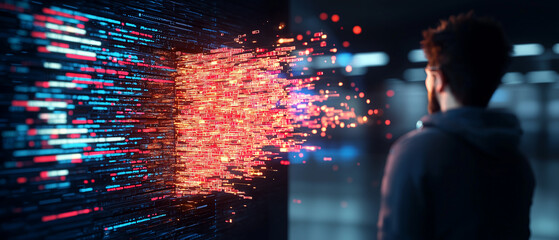 Poster - person stands in front of digital wall, observing vibrant streams of data bursting forth in mesmerizing display. scene evokes sense of wonder and curiosity about technology and information