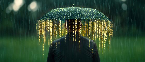 Poster - digital silhouette holding up glowing umbrella in rain creates mesmerizing scene. vibrant lights cascade like rain, evoking sense of wonder and magic