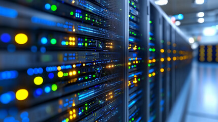 Poster - close up view of modern data center filled with illuminated server racks, showcasing vibrant blue and orange lights. atmosphere conveys sense of advanced technology and connectivity