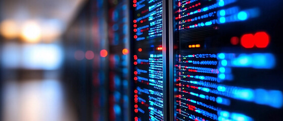 Poster - vibrant data center filled with illuminated server racks showcasing glowing blue and red lights, representing advanced technology and data processing