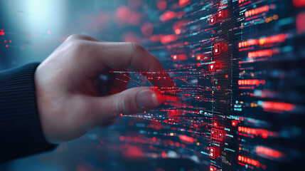 Poster - hand interacting with digital interface, showcasing futuristic technology and data visualization. vibrant red elements create sense of innovation and connectivity