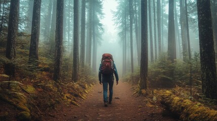 Poster - A person walks along a forest trail surrounded by tall trees and dense fog, carrying a backpack. The quiet tranquility of nature envelops the hiker as morning light filters through the mist.